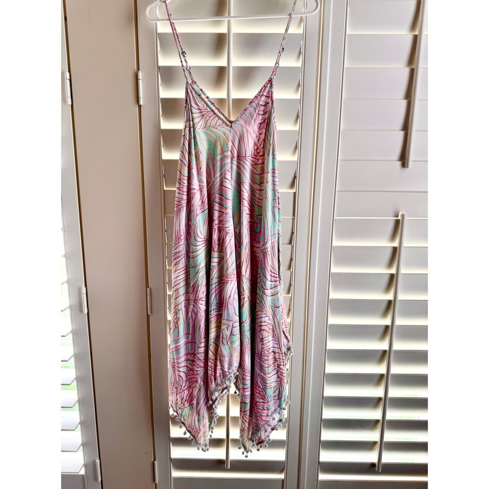 Goa Beachwear by Japna Pink Palm Leaf Pom Pom Sharkbite Boho Dress Medium